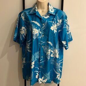 Vintage Hukilau Fashions Hawaiian Shirt Floral Blue White Button Down Men Size M